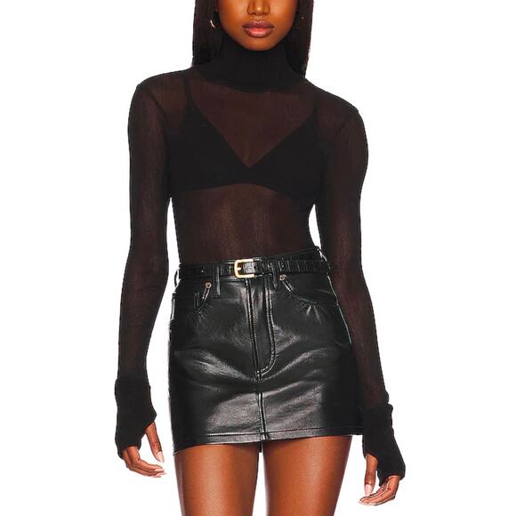 ENZA COSTA Mesh Cuffed Turtleneck Top Womens Medium Black Layering Minimal NEW - Picture 1 of 16